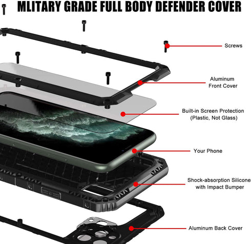 Mitywah Waterproof Case for iPhone 11 Pro Max, Heavy Duty Military Grade Metal Case Built-in Screen Protection, Full Body Protective Rugged Defend...
