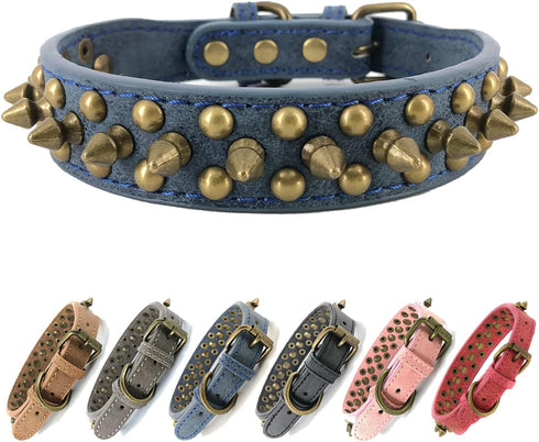 Spiked Studded Dog Collar-Bronze Round Stud Anti-Bite Collar (Blue,S)...