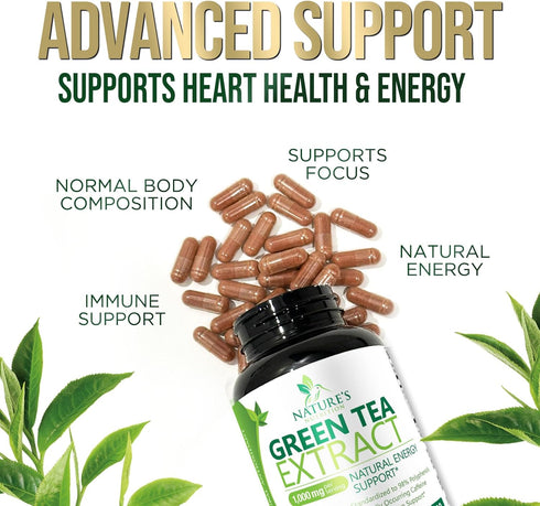 Green Tea Extract Capsules 1000mg 98% Standardized EGCG - 3X Strength for Natural Energy - Heart Support with Polyphenols - Gentle Caffeine - 240 ...