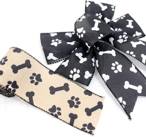 3 Rolls 1.5'' and 2.5'' Doggy Paw Print & Dog Ribbon(30 Yards), Lover Wired Edge Linen Ribbon,Stripes , Polka Dots Ribbons for Floral Arrangements...