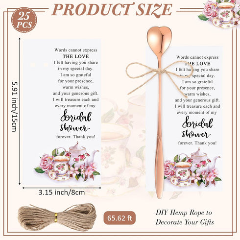 25 Sets Tea Party Bridal Shower Favors Mini Coffee Spoons Small Tea Spoons Heart Shaped Spoon with Bridal Shower Thank You Cards and Hemp Rope Wed...