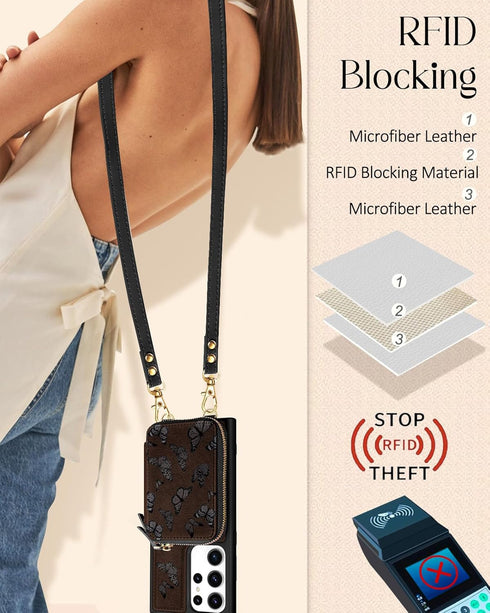 Shorogyt for Samsung Galaxy S23 Ultra Case Wallet Crossbody, RFID Blocking Card Holder Slots Designer Black Butterfly Leather Handbag Purse Phone ...