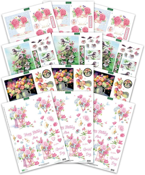 Katy Sue Designs Floral Collection 3D Die-Cut Decoupage Sheets for Card Making. A Pack of 12 Sheets of Floral-Themed Die Cuts for Card Making Supp...