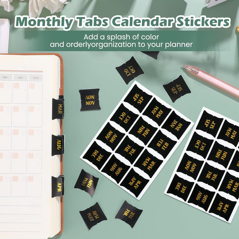 48 pieces Monthly Tabs, Adhesive Month Tabs for Planner Black Monthly Calendar Stickers Monthly Tabs for Planners Journal Notebook Office School S...