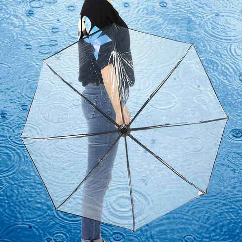 Tri-fold Clear Rain Umbrella with Frosted Handle Transparent Umbrella, for Portable to Carry for Travel(Black)...