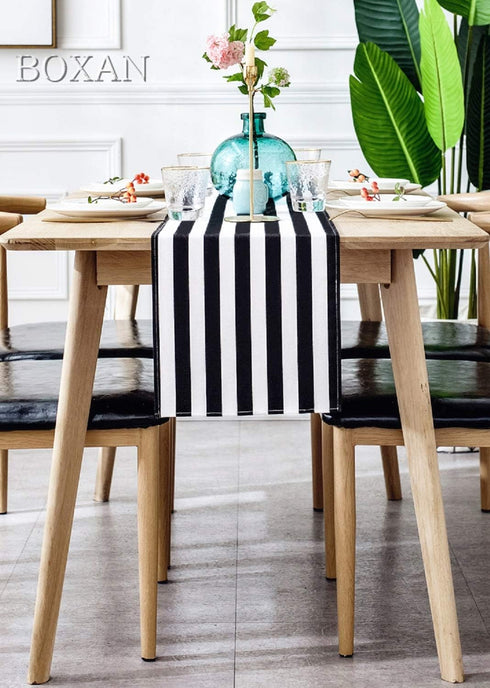 BOXAN Classic Black and White Striped Table Runner, Modern Stripes Pattern Elegant Cotton Canvas Table Top Decor for Art Deco Wedding, Bridal Show...
