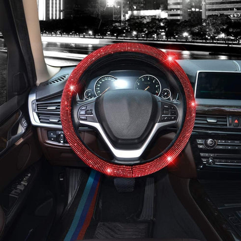 Valleycomfy Steering Wheel Cover for Women Bling Bling Crystal Diamond Sparkling Car SUV Wheel Protector Universal Fit 15 Inch (Black with Red Dia...
