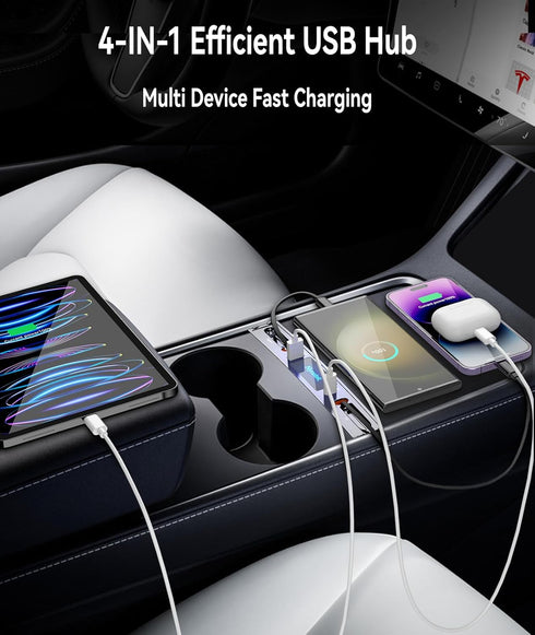 Upgraded Tesla USB Hub - QC 3.0 Center Console Fast Charger Adapter for Tesla Model Y 3 Accessories 2021 2022 2023, 2.6ft Lightning & USB-C Cables...