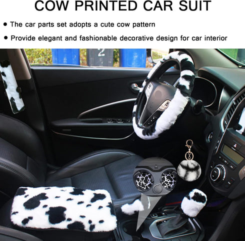 ZYNQACC 10 Pack Cow Print Car Accessories for Women & Girls, Fluffy Plush Cow Steering Wheel Cover Universal 15 inch Cute Car Interior Decor...