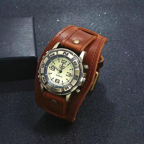 Handmade Men Watches Vintage Punk Hip-hop Gothic Soft Wide Leather Fashion Cuff Women Wristwatch Round Bronze Dial Quartz...