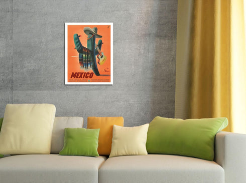 Mexico - Señor Cactus wearing a Sombrero Serape and Guitar - Mexican Department of Tourism - Vintage Travel Poster by Espert c.1945 - Master Art P...