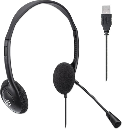 MANHATTAN USB Headset with Mic & Long 5 ft Cable - Dual-Sided Padded On-Ear, Adjustable Headband - for Desktop, Laptop, Computer – 3 Yr Mfg Warran...
