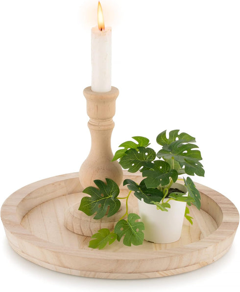 Hanobe Wood Decorative Tray - Round Unfinished Wooden Trays DIY Ottoman Serving Tray Centerpiece Candle Holder for Kitchen Countertop Crafts Art H...