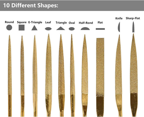 YAKAMOZ 10Pcs Titanium Diamond File Set Fine Round Needle Files Triangular Square Flat Riffler File Kit for Metal Wood Stone Glass Jewelry Carving...