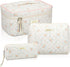 3 Pcs Quilted Makeup Bag Large Cosmetic Bag Floral Makeup Bag Travel Aesthetic Cute Kawaii Toiletry Cosmetic Pouch with Zipper for Women Gifts Hom...