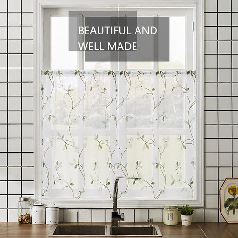 MRTREES Voile Sheer Tier Curtains, Floral Embroidered Kitchen Tiers Rod Pocket, Multi Color Cafe Curtain Tiers Small Half Window Treatment for Bat...