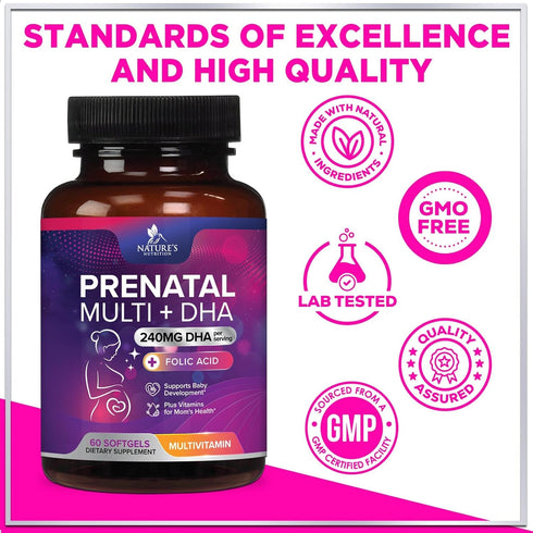 Women's Prenatal Multivitamin with Folic Acid + DHA, Prenatal Vitamin Supplement for Fetal Support w/ Folate, Omega 3, Vitamins D3, B6, B12 & Iron...