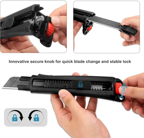 HAUTMEC 25mm Extra Heavy Duty Utility Knife with Double Lock Mechanism, Auto-Lock and Ratchet- Lock for Double Safety, SK2 Sharp Black Blade for I...