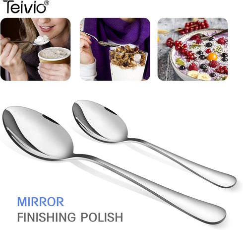 Teivio Stainless Steel Metal Serving Utensils - Large Set of 9-10" Spoons, 10" Slotted Spoons, and 9" Tongs (Silver)...