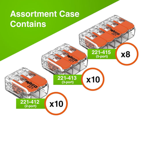 WAGO 221 Series 28pc Compact Splicing Wire Connectors Assortment Pack | includes (10x 221-412), (10x 221-413), (8X 221-415) | 221 Series Assortmen...