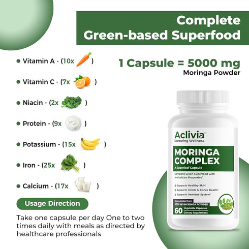 Moringa Complex with Oleifera Leaf & Seed Extract, Potent Strength 5000 mg per Serving, Complete Green-Based Superfood with Antioxidant Properties...