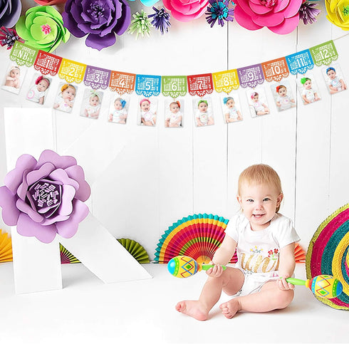 Kitticcino Mexican Fiesta 1st Birthday Photo Banner Papel Picado UNO Mexican Photo Banner Fiesta Monthly Banner Garland Baby Newborn to 12 Month C...