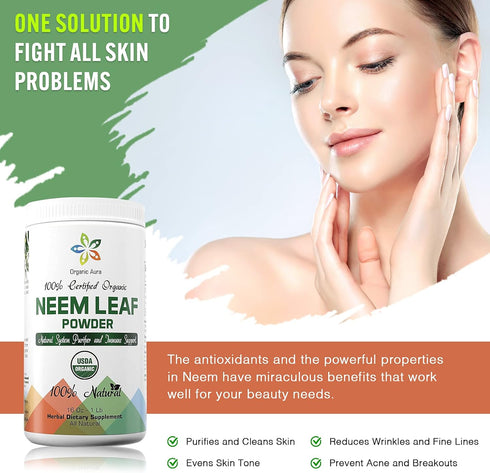 Organic Aura Neem Leaf Powder (Azadirachta Indica). 100% Pure Neem, Raw and Green. USDA Certified Organic Neem for Immune Support, Skin, and Hair....
