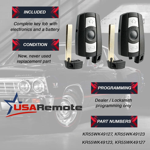 Car Key Fob Keyless Entry Remote fits BMW 3, 5, Series (KR55WK49123, KR55WK49127), Set of 2...