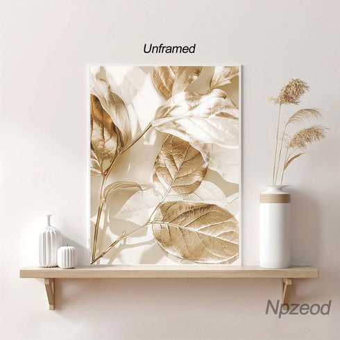 Abstract Golden White Flower Leaves Wall Art Posters Nordic Beige Canvas Painting, Modern Plant Landscape Prints Picture for Living Room Home Deco...