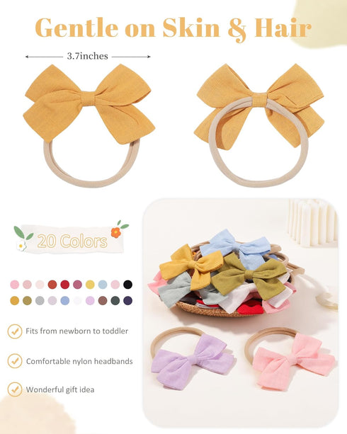 jollybows 20pcs Baby Girls Nylon Hair Bows Headbands Linen Hair Bands Elastic Hair Accessories for Kids Infants Newborn...