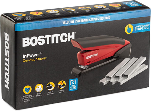 Bostitch Stapler with 1260 Staples - InPower Red Spring Powered Stapler - Built-in Staple Remover - Staple Storage Compartment - One Touch Heavy D...
