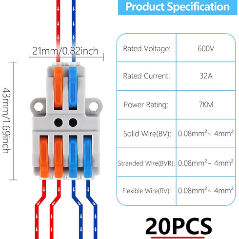 MELFIE 20PCS Lever Wire Connectors, 2 in 4 Out Quick Wire Connectors, Electrical Lever Nuts Wire Connectors Push-in Conductor Terminal Block AWG 2...