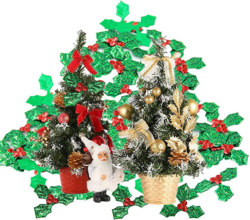 100 Pack Christmas Holly Leaves and Berries Appliques Laser Confetti Fabric Embellishment for Tree, Stocking, Scrapbook, Wreath, Cards Decorations...