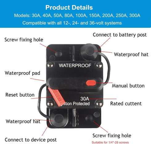 300 Amp Circuit Breaker with Manual Reset 12V-36V DC Waterproof Surface Mount for Car Audio Rv Marine Boat Truck Trolling Motors, 30-300A Car Spea...