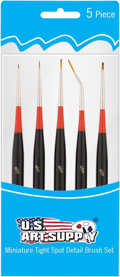 U.S. Art Supply 5 Piece Miniature Tight Spot Micro Fine Detail Art & Beauty Taklon Brush Set with Wood Handles...