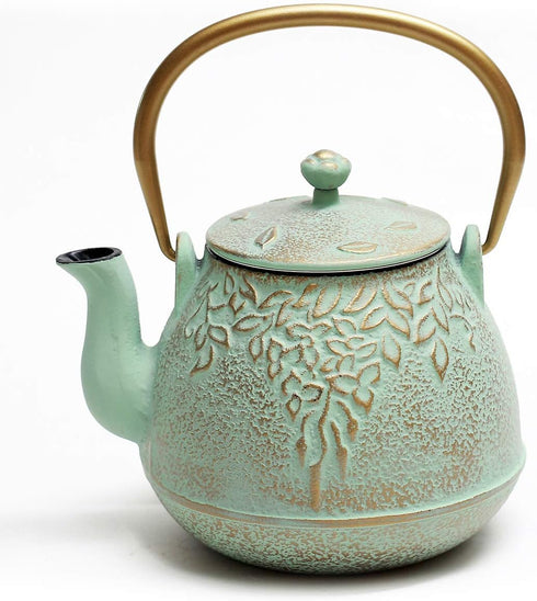 TOPTIER Japanese Teapot with Stainless Steel Infuser, Cast Iron Tea Kettle Stovetop Safe, Leaf Design Coated with Enameled Interior for 32 Ounce (...