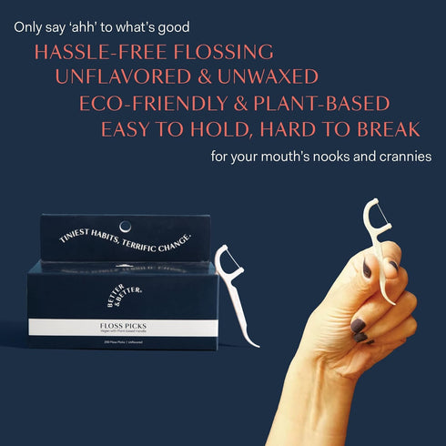 Better & Better Floss Picks (Box of 200) | Unflavored Vegan Dental Floss Picks for Adults & Kids | Biodegradable Plant-Based Handles & Sturdy Flos...