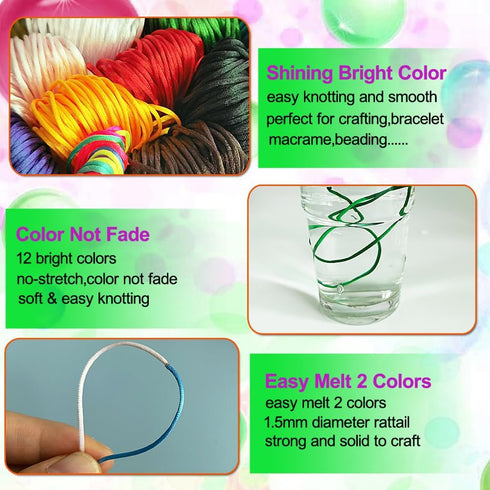 Ewpats 12 Bundles Nylon String for Bracelet,Jewelry Making Satin Cord 1.5mm 252 Yard Satin Rattail Nylon Cord for Friendship Bracelets,Macrame,Key...