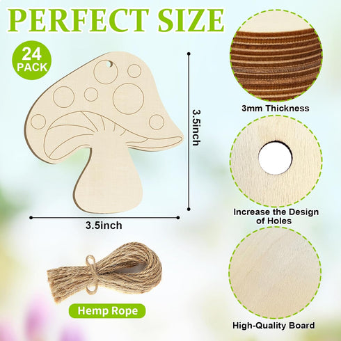 Wooden Spring Ornaments to Paint Mushroom Decoration Cutouts Unfinished 24PCS 3.5 x 3 inches, DIY Blank Unfinished Mushroom Wood Discs Ornament fo...