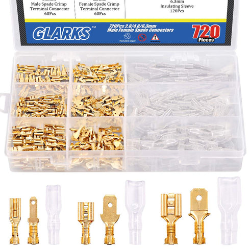 Glarks 720Pcs 2.8mm 4.8mm 6.3mm Male and Female Wire Spade Connector and Insulating Sleeve Assortment Kit Copper Wire Crimp Terminal Block with Ny...