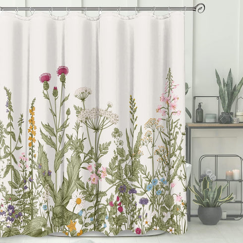 Long Vintage Floral Shower Curtain 72 x 78 Inch, Wildflower and Herb Shower Curtain with 12 Hooks, Waterproof Fabric Flower Bathroom Shower Curtai...