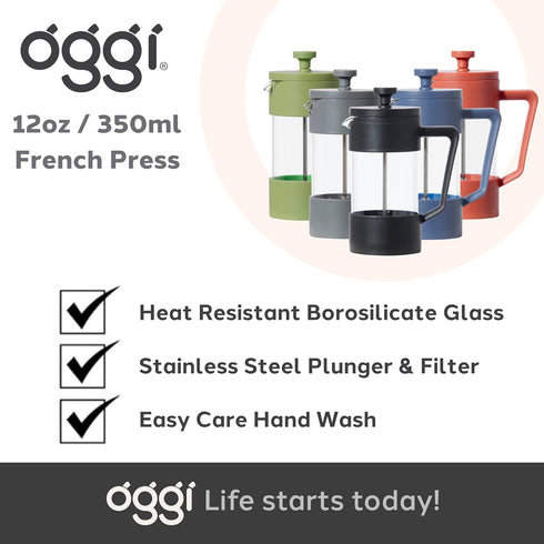 Oggi French Press Coffee Maker (12oz)- Borosilicate Glass, Coffee Press, Single Cup French Press, 3 cup Capacity, Charcoal...