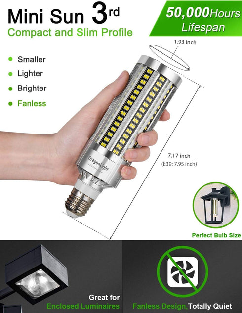 DragonLight 25W Corn LED Light Bulb Fanless(250 Watt Equivalent) E26/E39 Large Mogul Base LED Lamp 3000K Warm White 3,000LM...