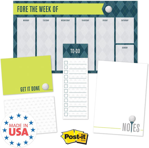 Golf Themed Sticky Note Ensemble Set/Sports Repositionable Notepad Desk Set / 5 Athletic Designs in Various Sizes/Made in USA...