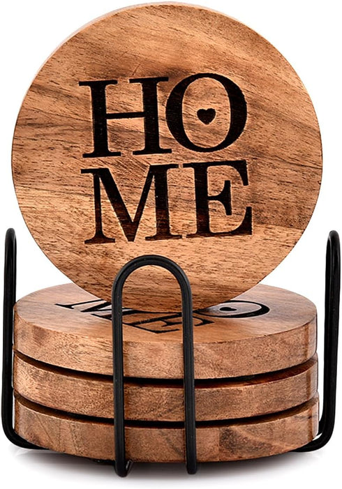 Coaster Iron & Acacia Wood Coasters for Drinks with Iron Holder Stand for Countertop and Surfaces from Water Marks or Damage (4" x 4" x 0.5")...