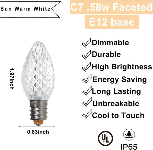 Pack of 25 C7 LED Outdoor Christmas Lights Replacement Bulbs for Holiday Decoration,UL IP65 Waterproof Dimmable Faceted C7 Light Bulbs (sun warm w...
