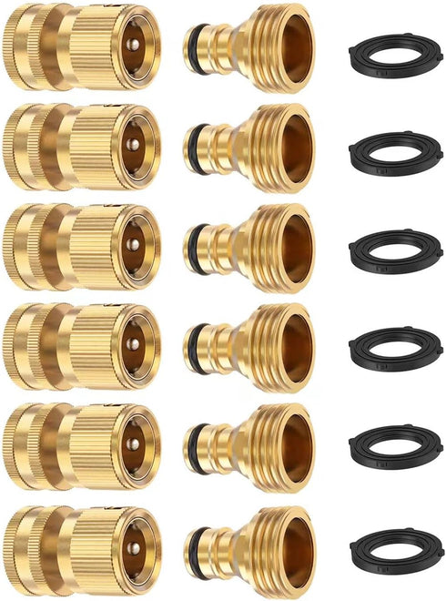 Garden Hose Quick Connectors 6 Set, Solid Brass 3/4 Inch Thread Fitting, Water Hose Connectors Garden Hose Disconnect 3/4" GHT, No-Leak Male Femal...
