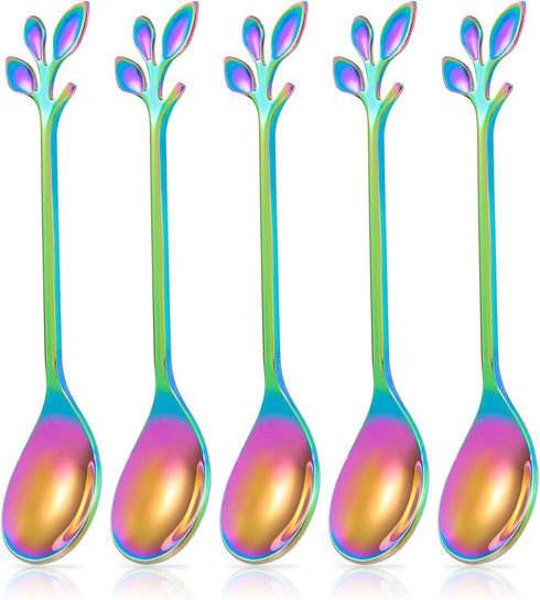 5 Pcs Rainbow Leaf Coffee Spoons, 4.7 inch Stainless Steel Ice-Cream Tea Sugar Spoons, Espresso Stirring Spoons for Mixing, Cold Drink, Dessert, P...