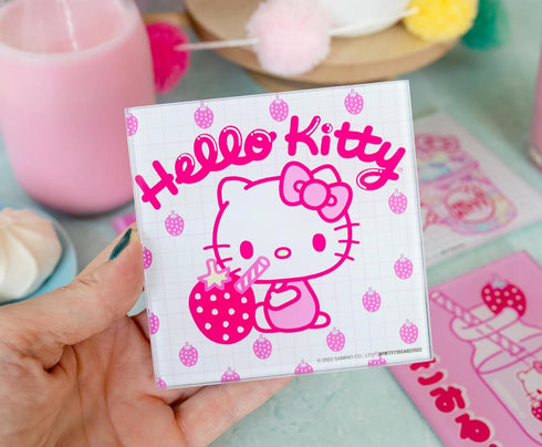 Sanrio Hello Kitty Strawberry Milk Glass Coasters for Drinks, Set of 4 | Tabletop Protection for Home Kitchen, Dining Room Table...