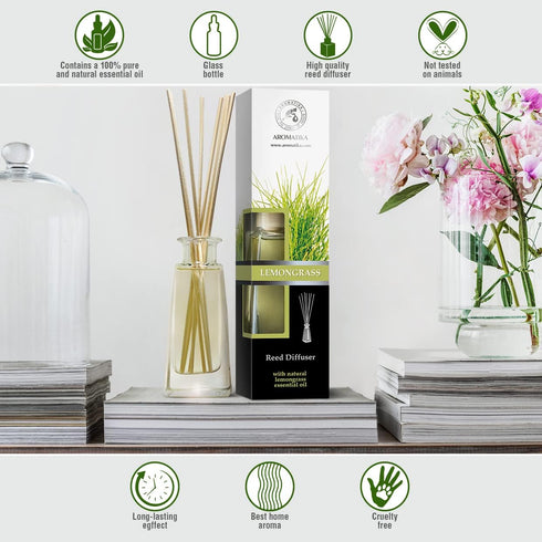 Lemongrass Diffuser w/Lemongrass Oil 3.4 Fl Oz - Scented Reed Diffuser - 0% Alcohol - Diffuser Gift Set - Best for Aromatherapy - Room Air Freshen...